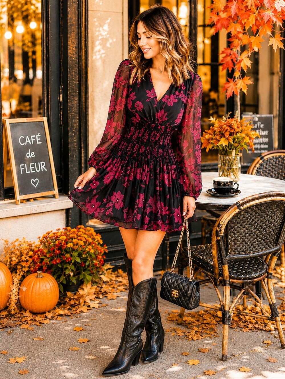 Pink Floral Pleated Mini Dress | Smocked Waist | Sheer Sleeve | Large